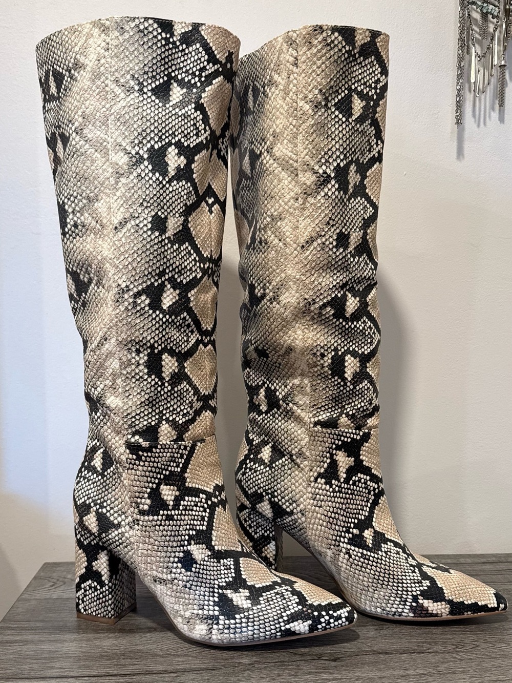 Fireflyy Snake-Print Knee Boots in Black and Cream - Women Shoes